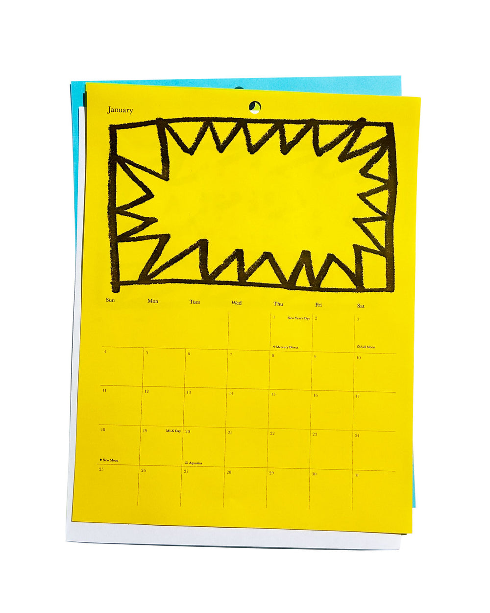 Yellow calendar with black zigzag design on a white background