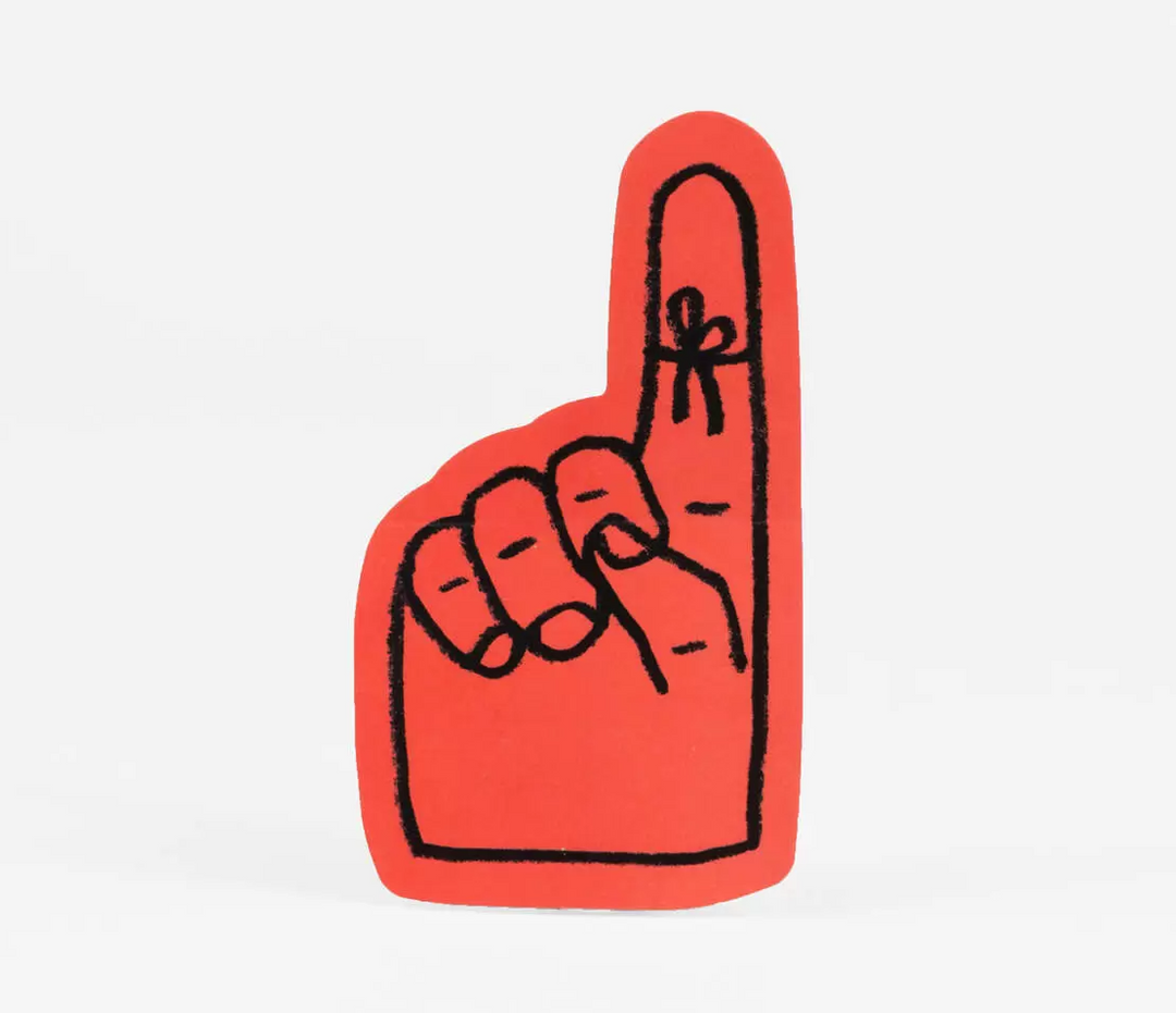 Drawing of foam finger with ribbon tied around extended index finger. Reminder art by Adam JK.