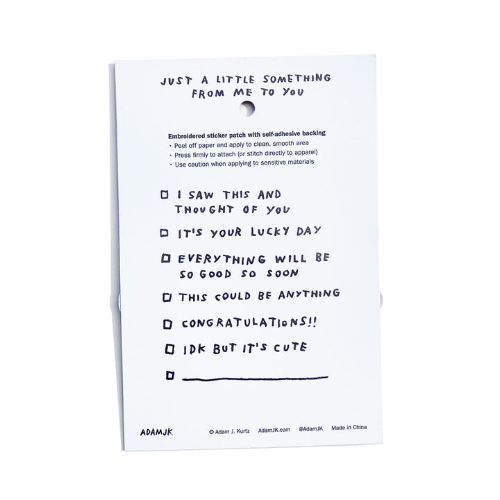 Adam JK Sticker Patch packaging has instructions and fill-in card for gifting