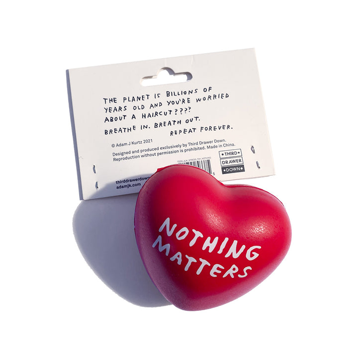 Photo of Nothing Matters Stress Ball Heart and packaging by Adam JK for Third Drawer Down @AdamJK Adam J. Kurtz