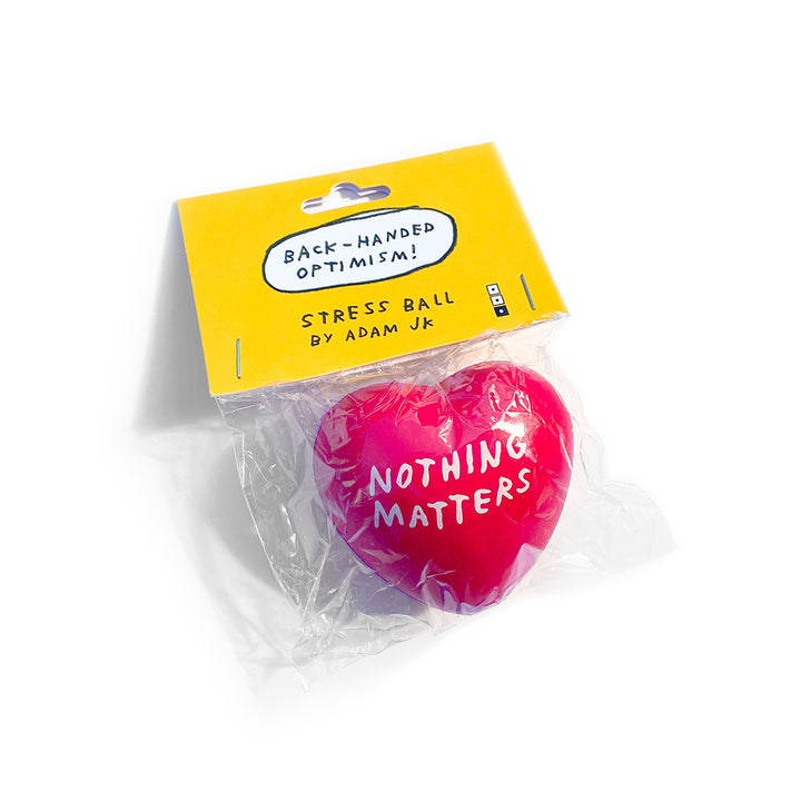 Photo of Nothing Matters Stress Ball Heart and packaging by Adam JK for Third Drawer Down @AdamJK Adam J. Kurtz